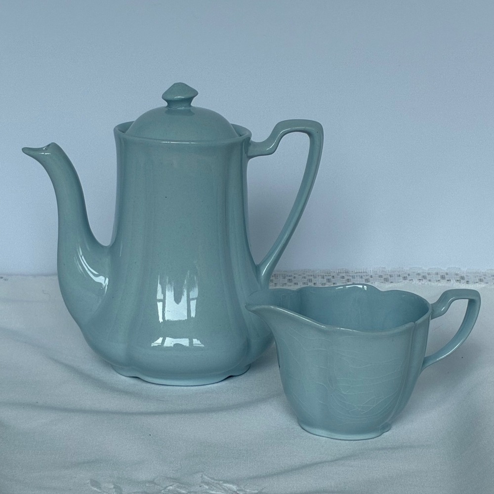 Johnson Brothers Coffee Pot Creamer Set Blue Greydawn England Scalloped Vintage